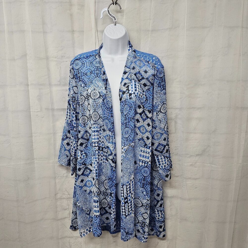 Susan Graver Kimono Blue Black Boho Sheer Crochet Open Geometric Retro L